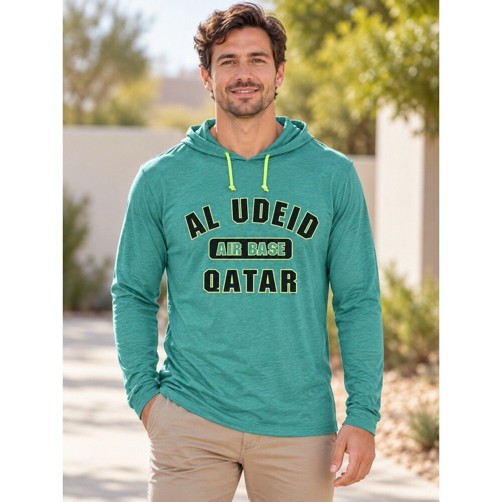 Anvil Al Udeid Air Base Qatar Lightweight Hooded Long Sleeve Shirt Teal Large